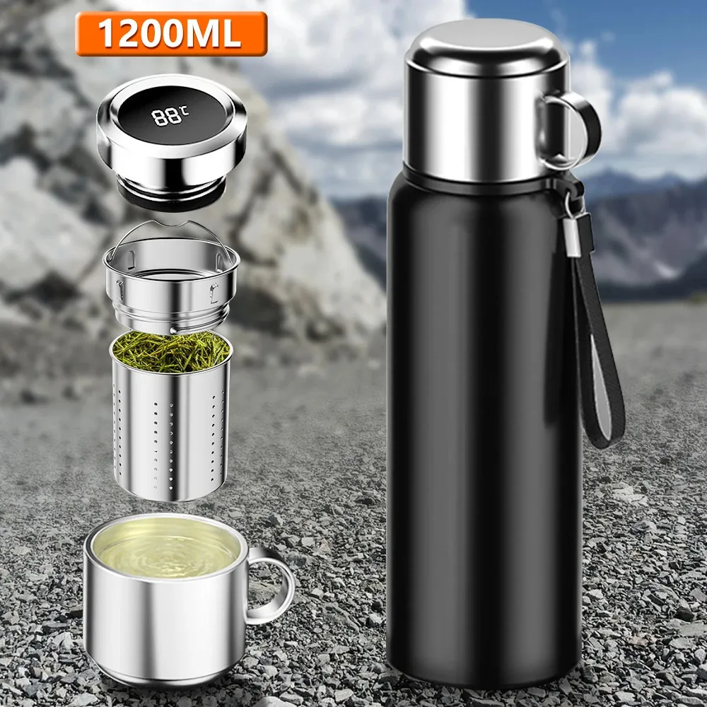 Pantalla de temperatura de botella inteligente de 1200 ml Mantenga fría y botella de agua Thermos para té de agua Botella de agua deportiva al aire libre 240416