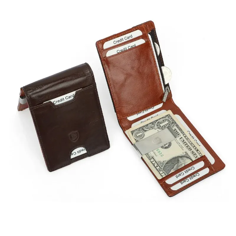 Clips Money Clip for Men Wallet Genuine Leather RFID Credit Cards Holder Business Purse Clamp for Money Bifold Note Coins Pocket Walet