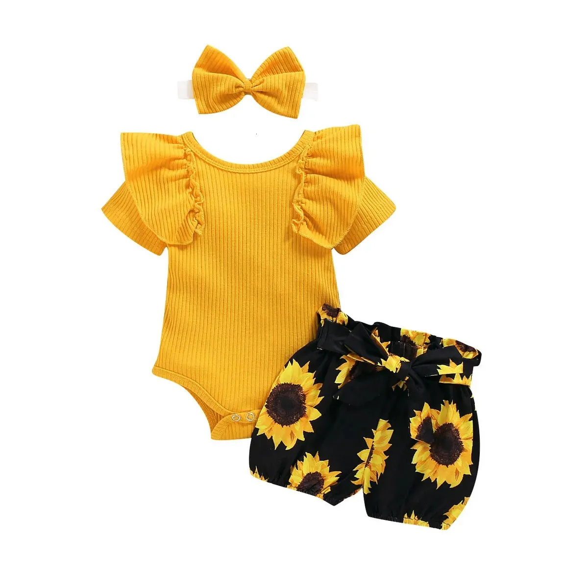 Baby Summer Clothing Girl Floral Clothes Kids Short Sleeve Romper born JumpsuitGirls Sunflower Tutu Shorts 3Pcs Outfits Set 240409