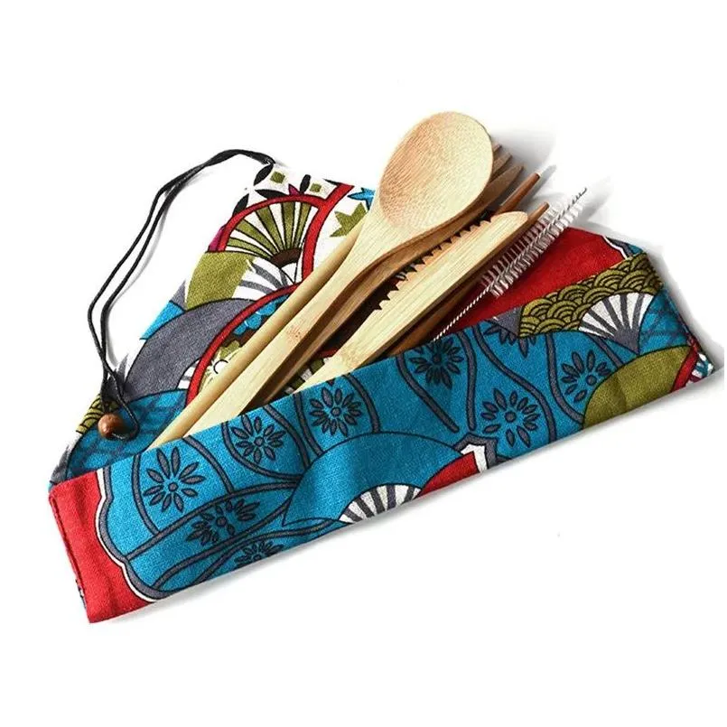 Conjunto de talheres de bambu dos conjuntos de talheres de bambu com talheres com bolsa e pincel Drop Drop Home Garden Kitchen Dining Bar Dhi43