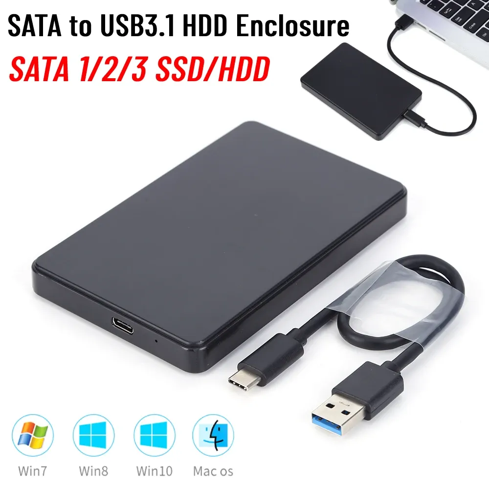 Enceinte nouvelle 2,5 "SATA à USB3.1 HDD Enclos de stockage mobile Base de stockage de stockage externe USB3.1 SATA 1/2/3 SSD CAS AVEC USB C CABLE