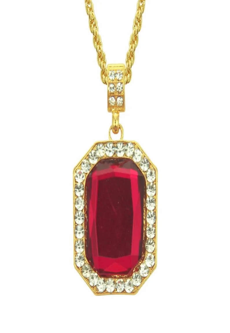 Hip Hop Bling Out Cubic Zirconia Red Stone Square Pendant Necklaces for Men Jewelry With 30inches Gold Chain5491110