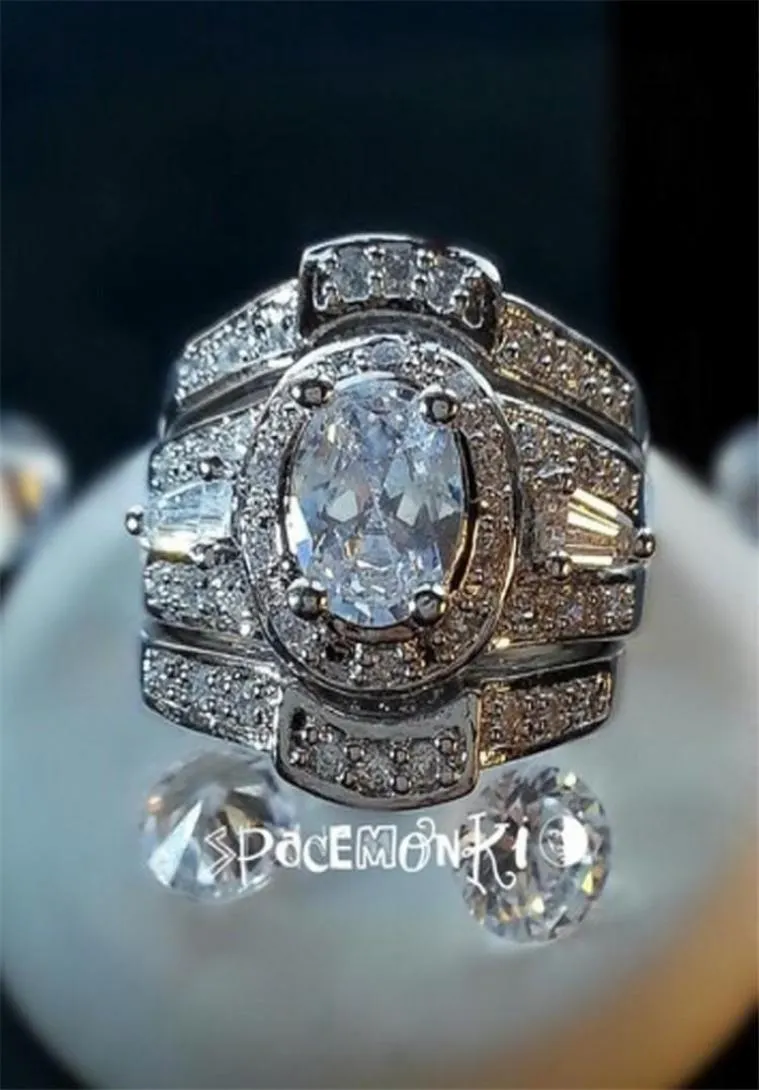 Anelli a grappolo Vintage14k White Gold Lab Diamond Ring Set Jewelry 3In1 Impegno Festa da sposa per donne Accesso da festa per donne Bridal Fine Party 6887387