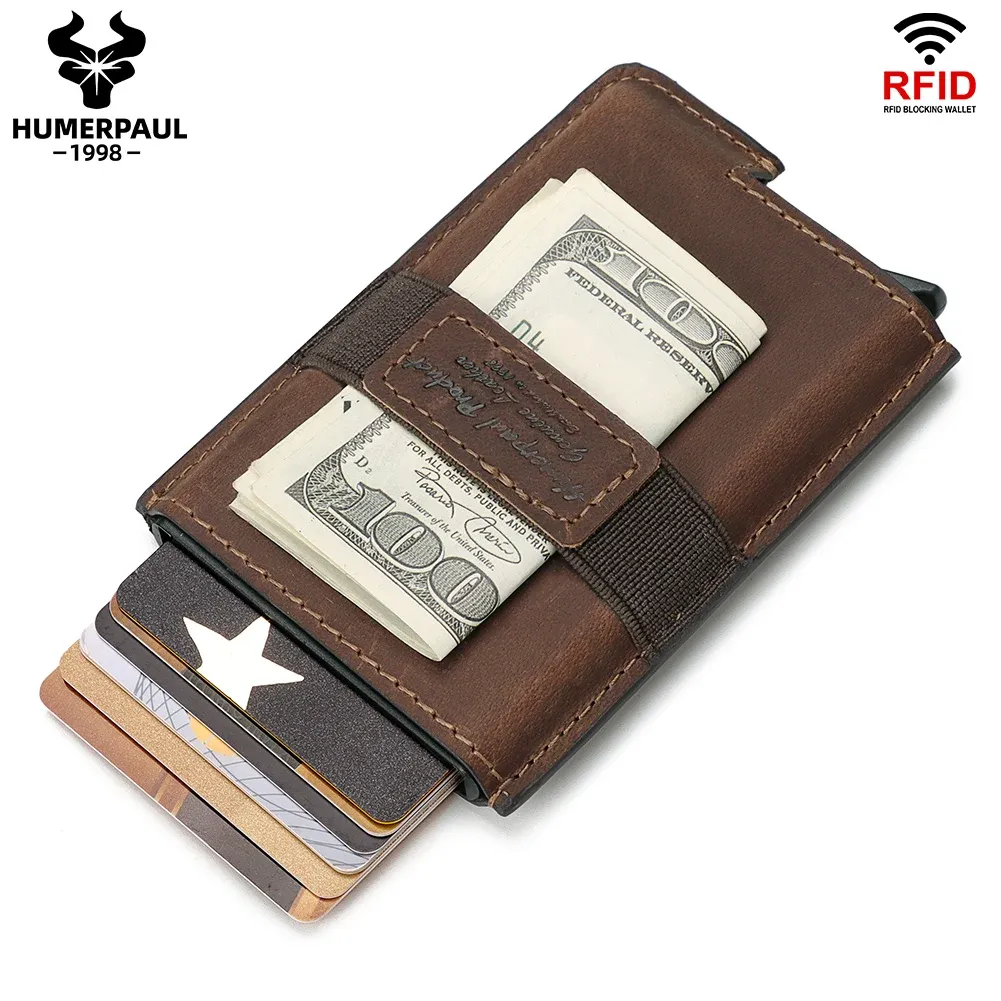 Houders slanke minimalistische RFID blokkerende kaarthouder echte lederen aluminium creditcardkas kwaliteit automatische pop -up slimme portemonnee