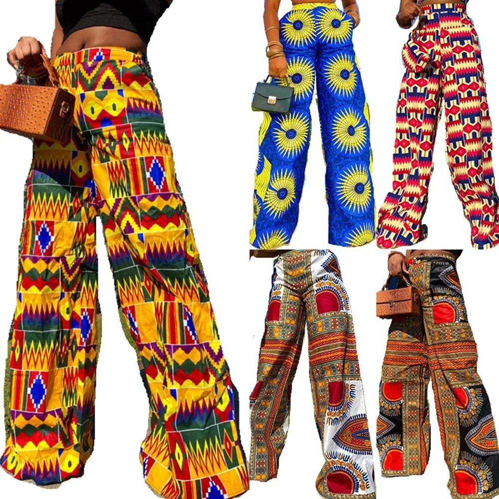 Spring Fall Holiday Boho Wide Leg Pants Elastic Waist Dashiki Print African Clothing Women Casual Long Trousers Femme Ropa Mujer 240408
