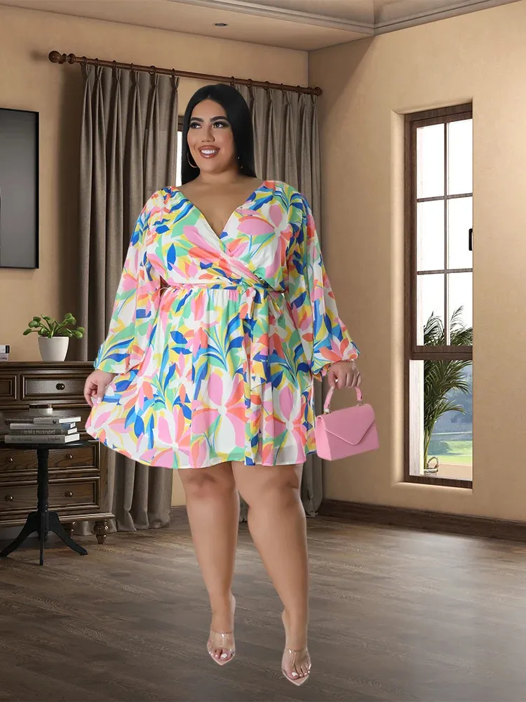 Bayan Elbise Uzun Kollu Derin V Çiçek Baskı Seksi Elbiseler Plus Zarif Bahar Sonbahar Parti Vestidos Şifon Mini 240418