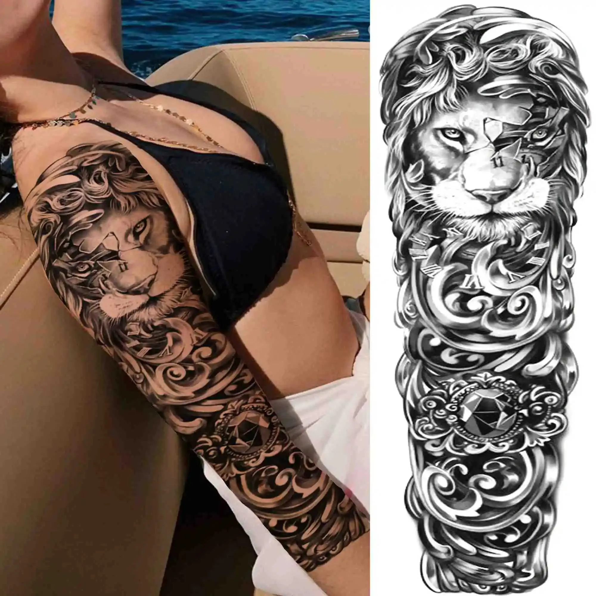 Death Skull Black Flower Full Sleeve tattoo sticker tattoo for Men and ...