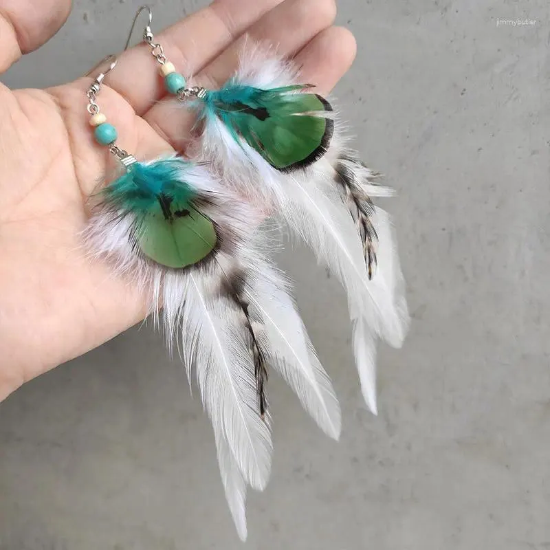 Dangle Earrings Boho Feather Wood Beads Turquoise Beaded Personality Green White Gift Ornament