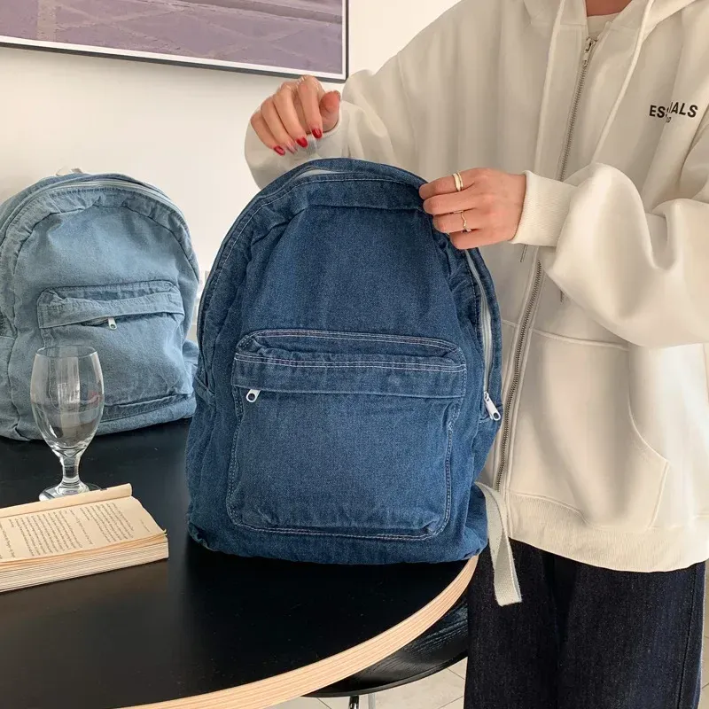 Bags Backpack 2023 New Fashion Simple Large Capacity Wash Cotton Denim Casual Simple Solid Color Backpack for Men and Women