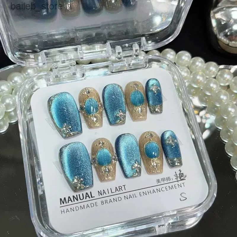 Falsche Nägel 10pcs Blau handgefertigt Katze Eye Press auf Nägeln Halo Französische Strassdekoration Falsch Nagelverlauf Tragbare falsche Nagelspitzen Art Y240419