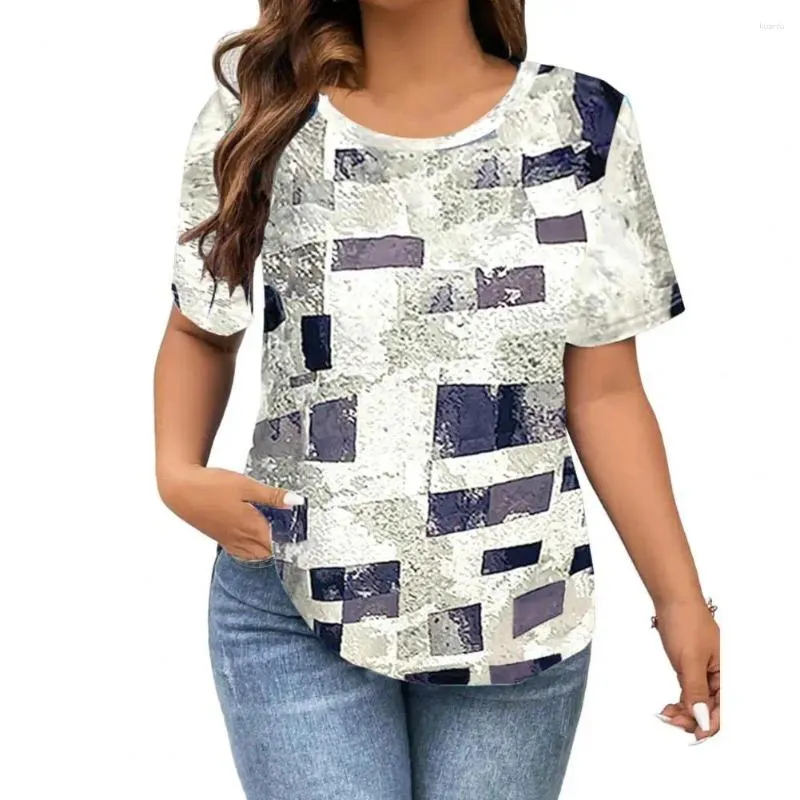 Blouses feminina Redonda de pescoço redondo top elegante coleção de camisas de verão O-pescoço ofado solto blusa quadrada imprimir camiseta casual leve para o trabalho