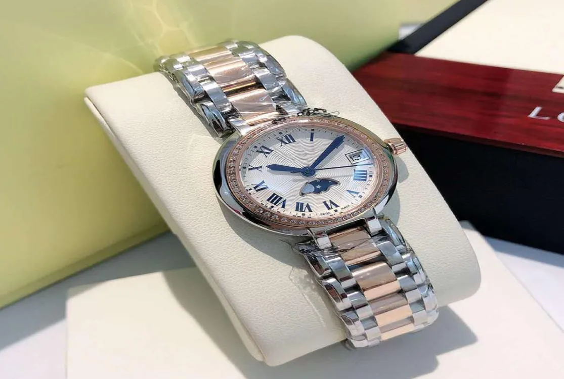 Luxury Watch Quality Diamond Bezel Women rostfria klockor Månefas Dial Quartz Movement armbandsur Iced Out Watch9210881