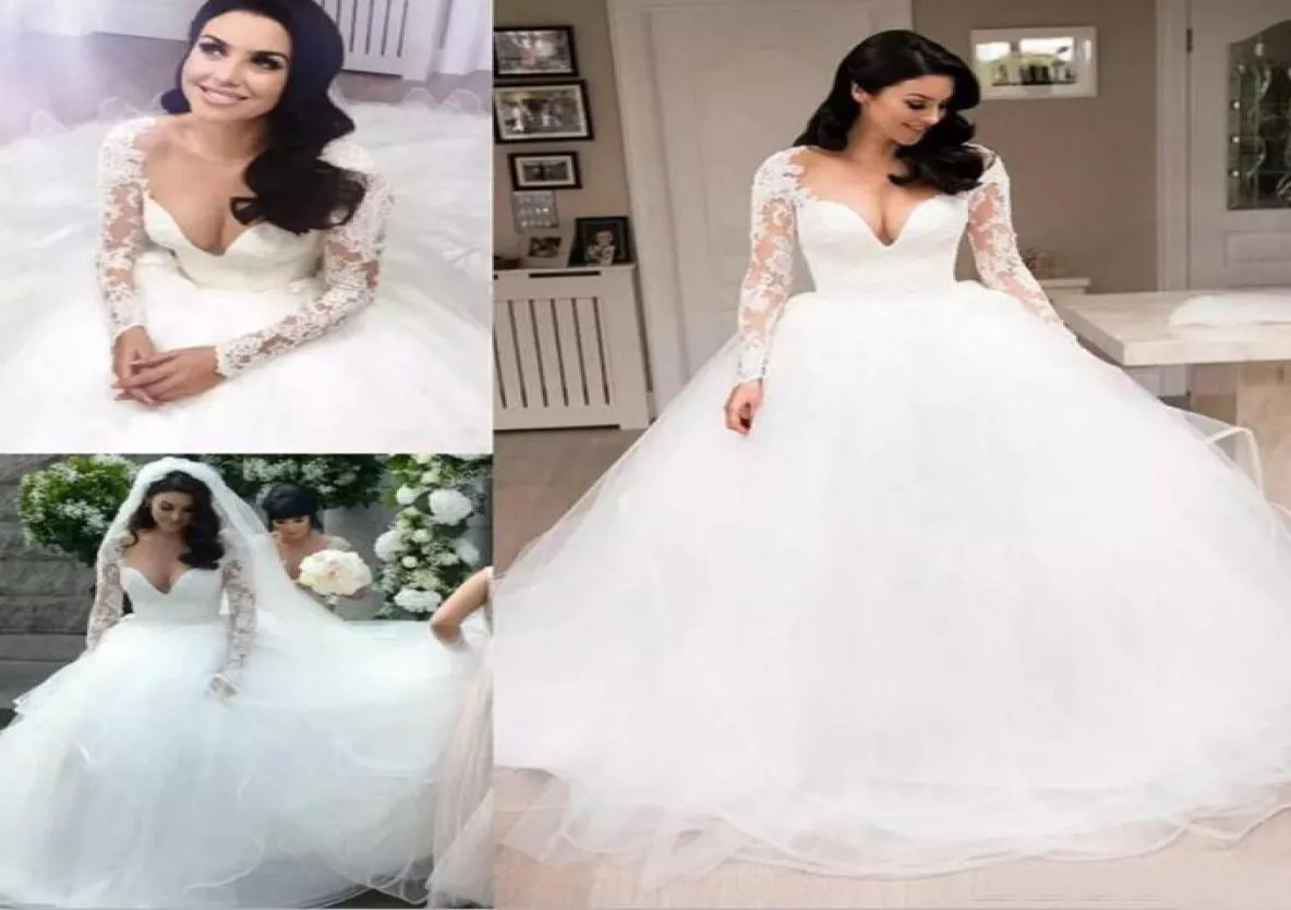 Elegant 2017 Lace Manga longa vestido de bola vestidos de noiva Tulle Sheer V pescoço Vestidos de noiva longos personalizados Made China En111052568866