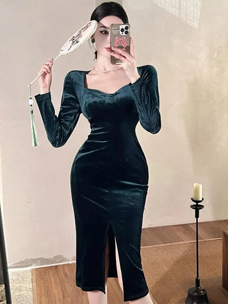 Sukienki swobodne mody eleganckie sukienki midi kobiety vintage seksowne jasne jedwabne, niskie cięcie bodycon dzielone szatę femme wieczorne imprezy bankietowe vestidos