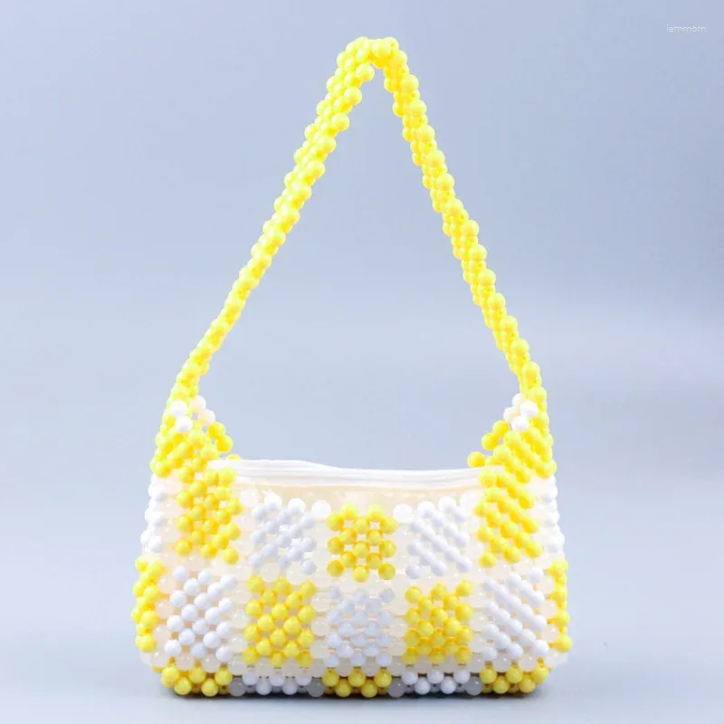 Sacs de soirée Hiver jaune blanc plaid acrylique sac perlé contraste armonnier couleur pour les femmes 2024 épaule de haute qualité