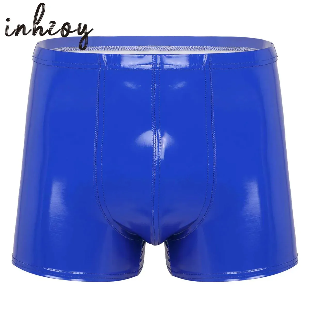 Mens Sexy Boxer Briefs Shorts Patent Leather Wet Look Latex Glossy Underwear Underpants Swimsuit Pole Dancing Rave Clubwear 240410