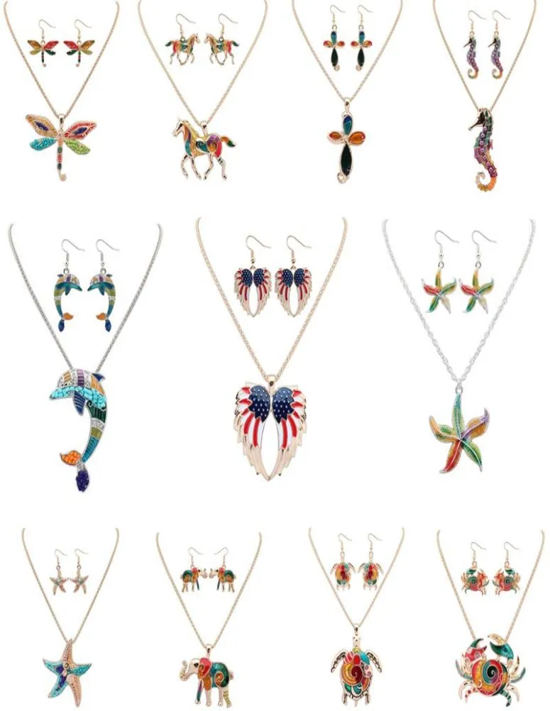 Fashion 2pcSset bijoux ensembles boucles d'oreilles Collier Bohemian Alloy Elephant Elephant Wing Dolphin Sea Horse Starfish Animal pour femmes 3866959