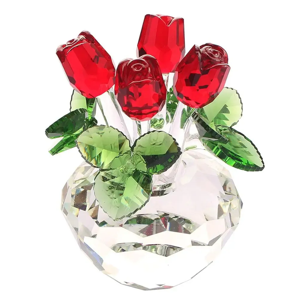 Crystal Glass Rose Spring Buquet Flowerines Figurines Ornament wadze papierowe z czerwonym pudełkiem prezentowym Dzień Matki Świąteczny prezent ślubny 240403