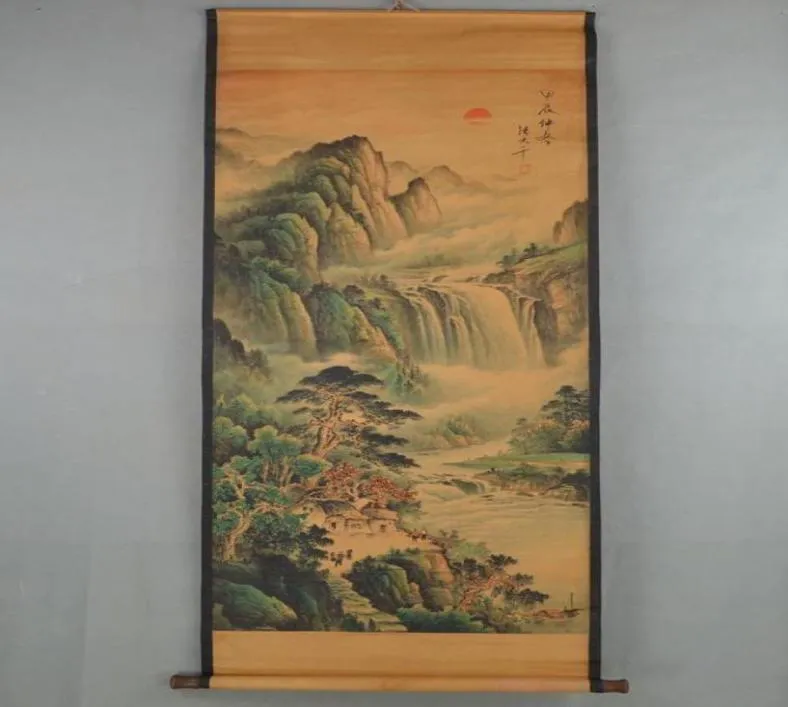 Chinois Old Antique Hand Painting Scroll par Zhangdaqian Landscape4506550