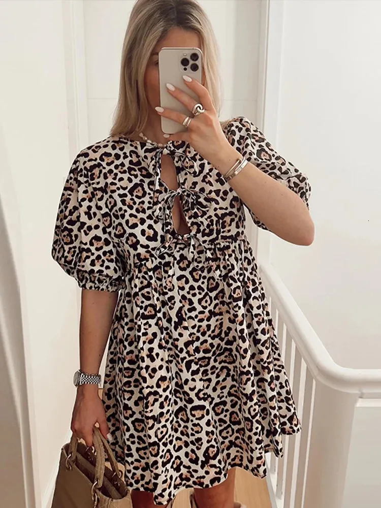 Leopard Printed Bow Lace Up Dresses Women Summer Female Hollow Out Short Puff Sleeve Vestidos O-neck Mini Dress Ladies 240417