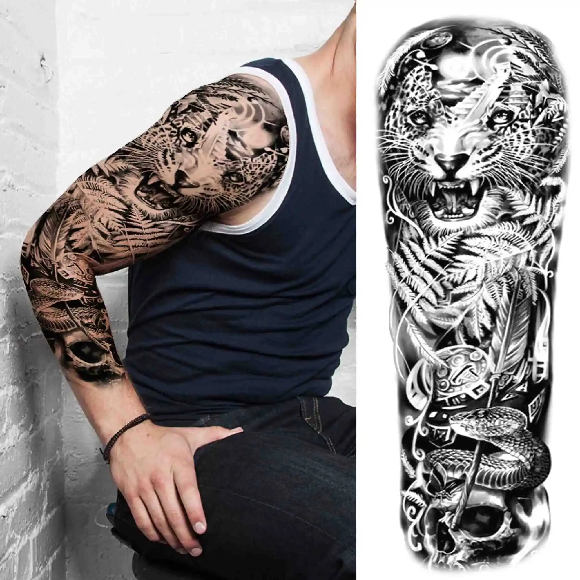 Death Skull Black Flower Full Sleeve tattoo sticker tattoo for Men and ...
