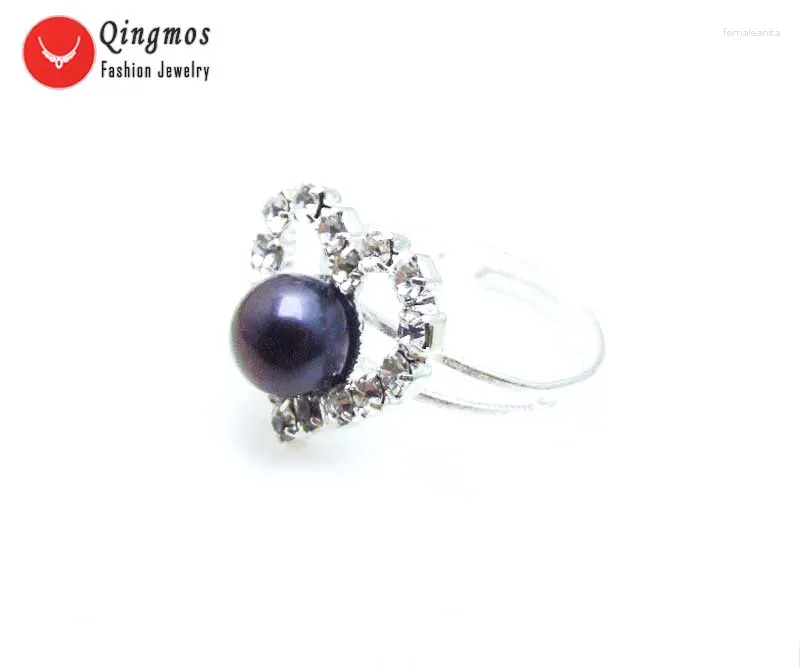 Cluster Rings Qingmos Natural Pearl Ring For Women With 6-7mm Black Flat 15mm Heart Adjustable #8-9 Finger In Jewelry Anillos Mujer