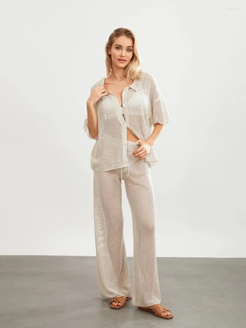 Pantalons au crochet Femmes Set Casual Hollow Out V-Coup Shirt et les tenues de jambe larges Summer 2 pièces Lounge