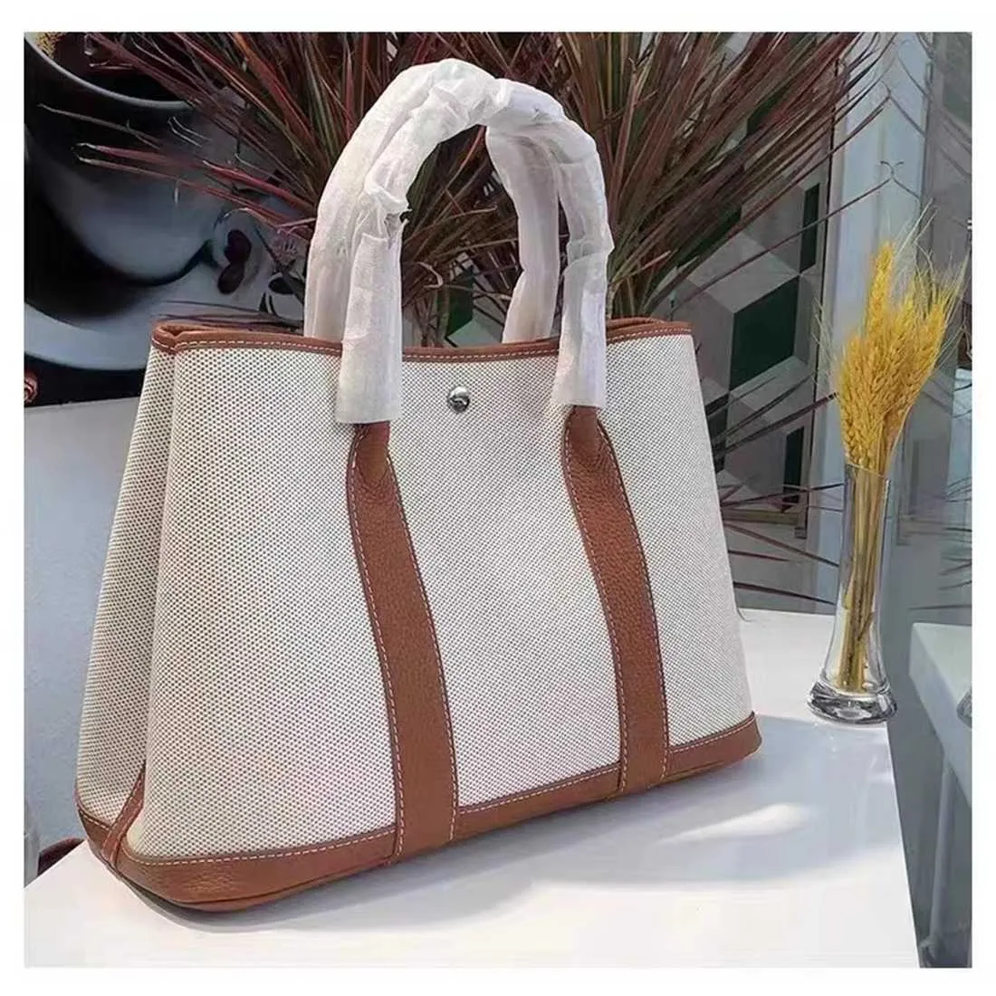 Tote bag genuine leather New Home Canvas Garden Head Layer Cowhide Tote Letter Bag Large Capacity Handheld Casual Straddle Bag