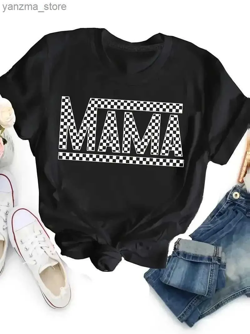 Koszulka damska Plus w rozmiarze Plaid Mama Letter Print T-shirt Casual Crew Szyja Krótki top na wiosenne letnie odzież damska Y240420