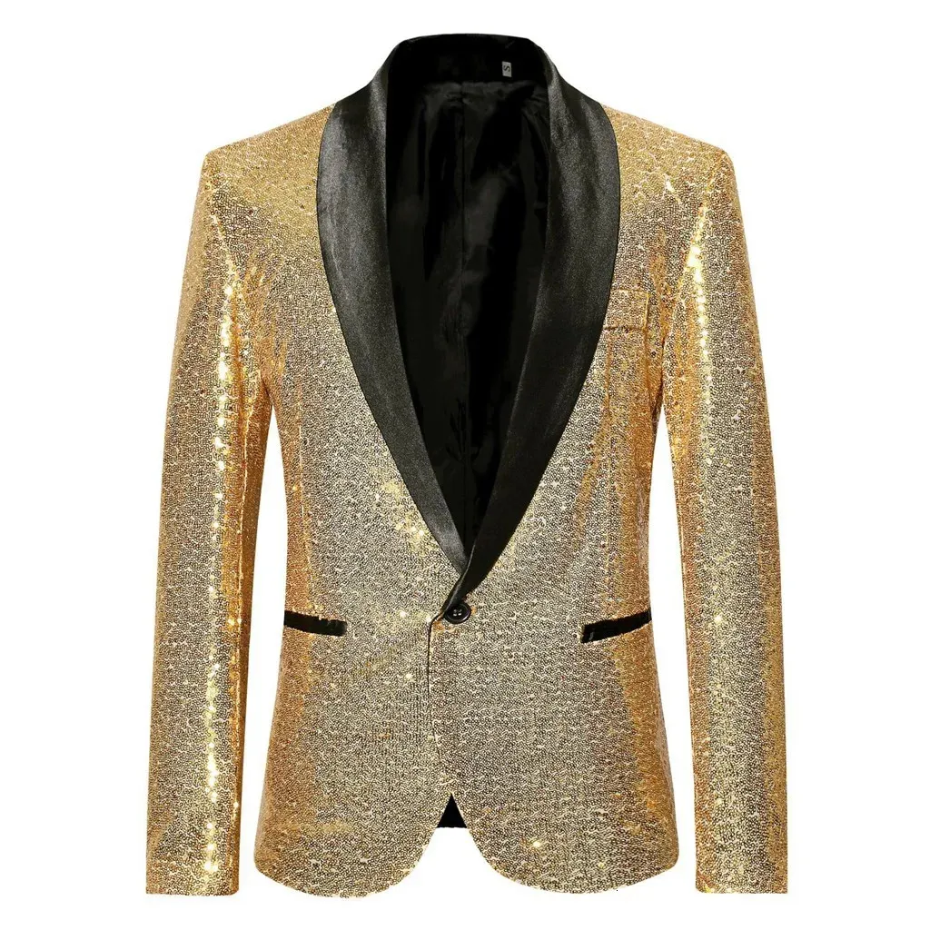 Gold Shiny Men Blazer Jackets paillettes Stylish DJ Club Graduation Solid Blazer Stage Party Outwear Outwear Blazer Clothes 240408