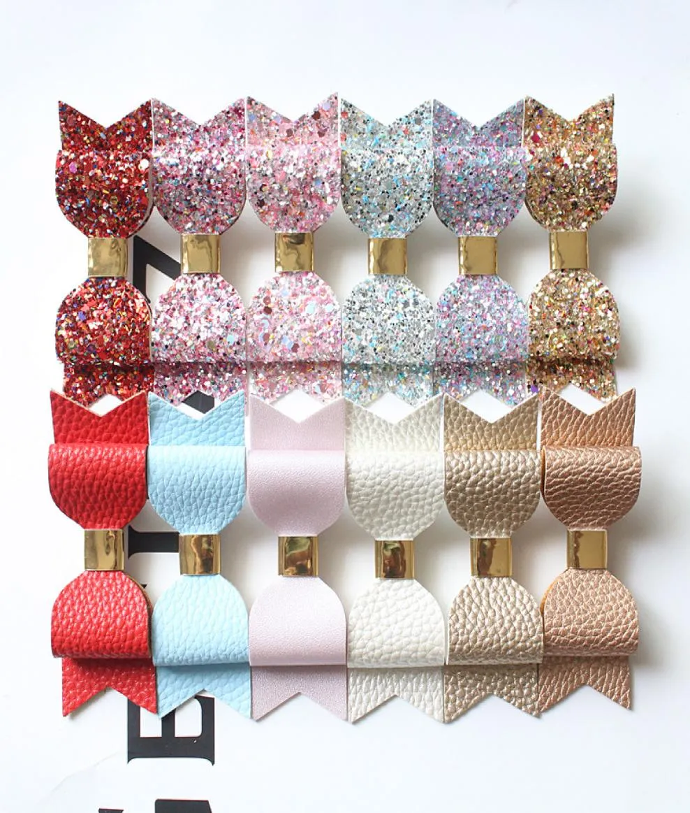 24st Double Hair Bow Prince Kids Girl Hairpins Faux Glitter Felt Litchi Stria Baby Pu Leather Hair Grip Stripe Gold Clip Barrette5948662