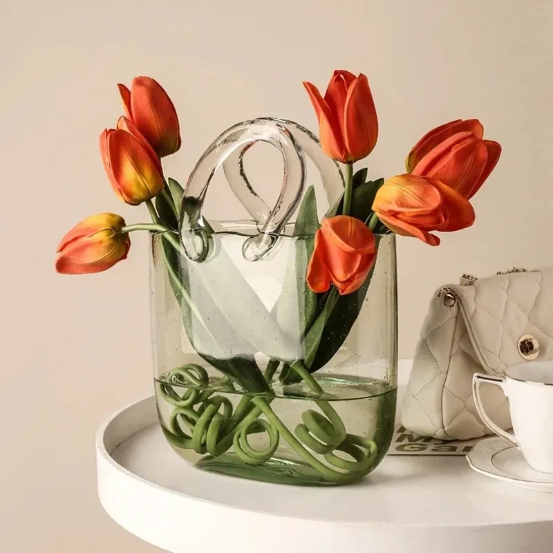 Bags Vases Clear Glass Bag Vase Creative Fish Tank Decor Bubble Flower Handbag Bag Vase Desktop Centerpiece Home Decor Wedding Tulip Ba