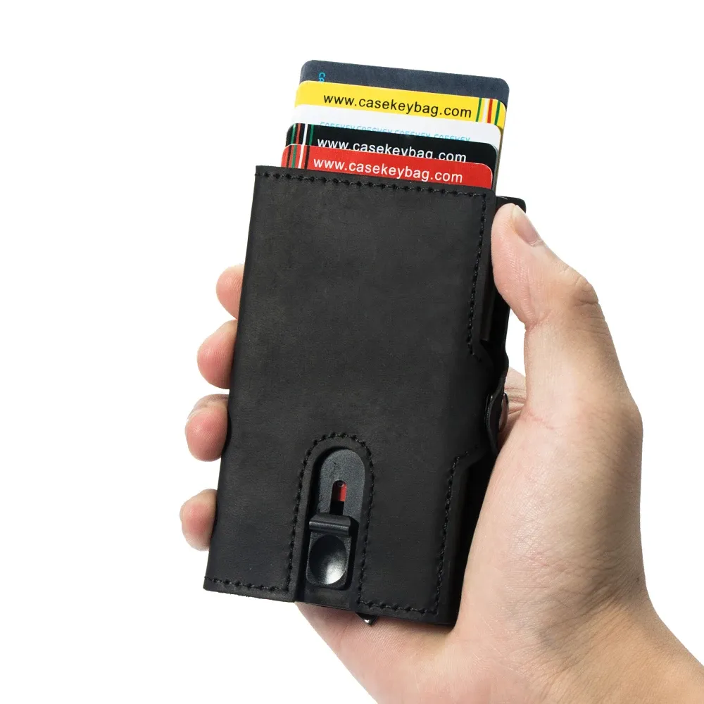 Plånböcker casekey rfid äkta ko läder kreditkortshållare män plånbok svart liten bank korthållare fall smart minimalistisk plånbok porte carte