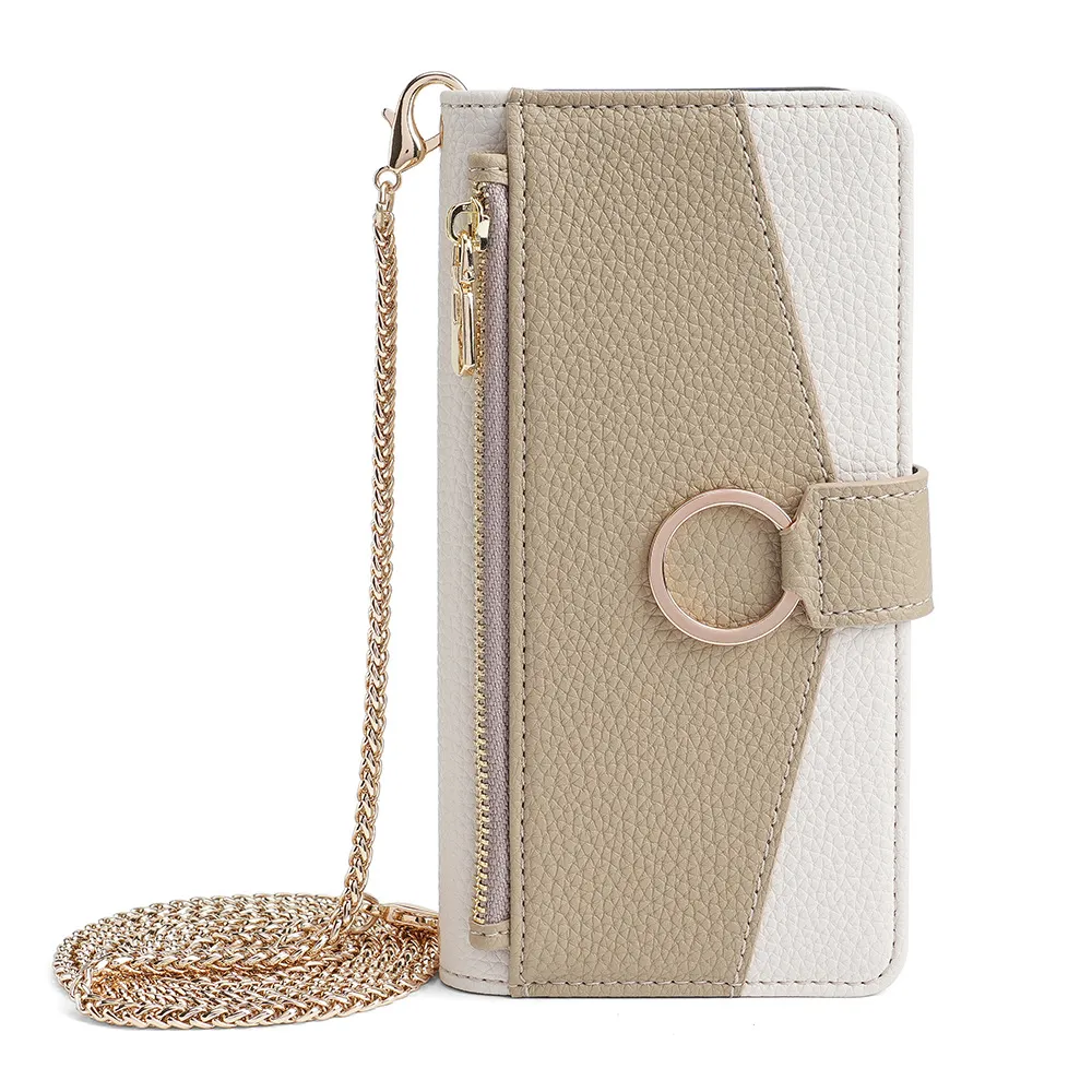 Crossbody Leather Phone Case Zipper Purse Wallet Leather Flip Phone Cover with Metal Ring Finger Holder for iPhone 15 Pro 14 13 lyp101