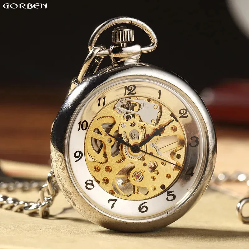 Silver Hand Winding Full Steel Pocket Watches Fashion Unique Skeleton Transparent Mechanical Pocket Watch FOB Chain 240416