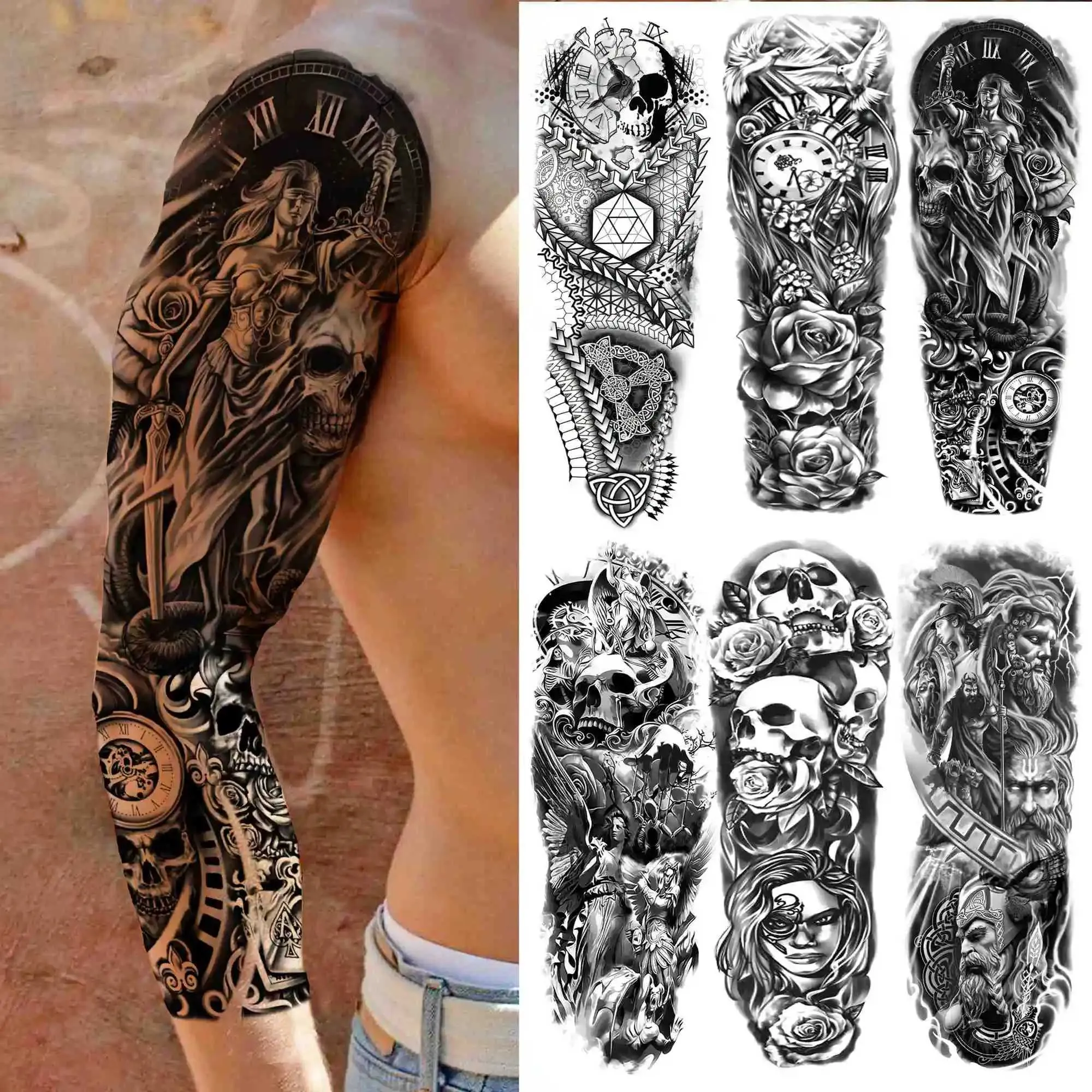 Death Skull Black Flower Full Sleeve tattoo sticker tattoo for Men and ...