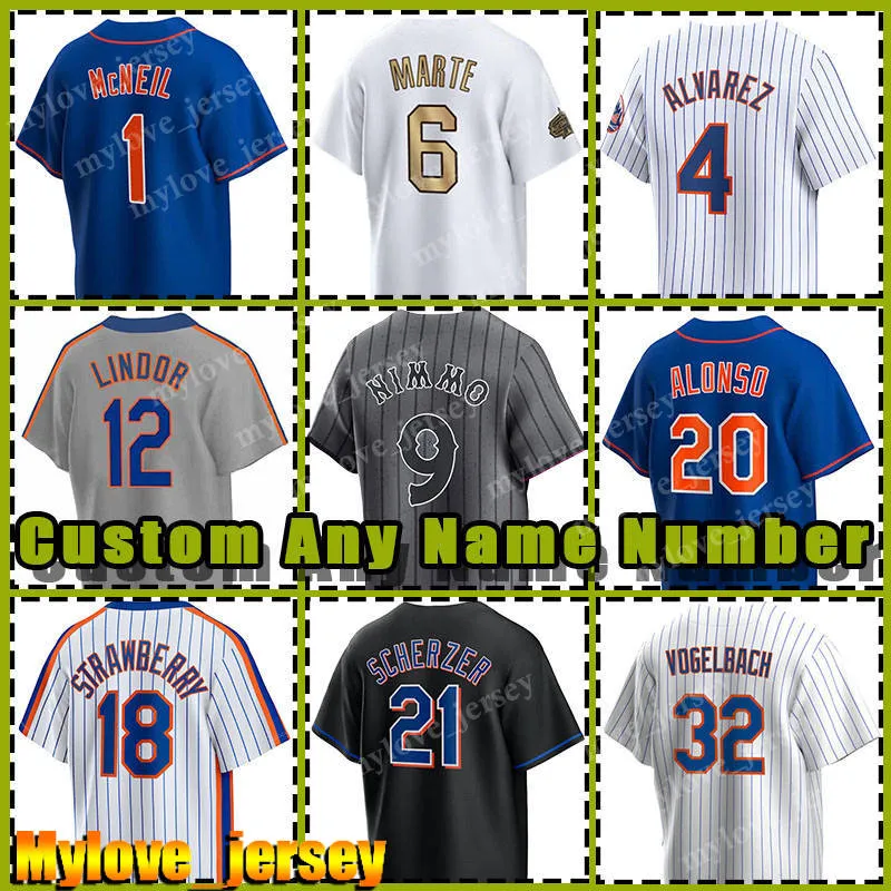 12 Francisco Lindor 20 Pete Alonso Jersey Béisbol Mets Starling Marte Brandon Nimmo New Yorks Darryl Strawberry Daniel Vogelbach McNeil Kodai Senga Dwight Gooden