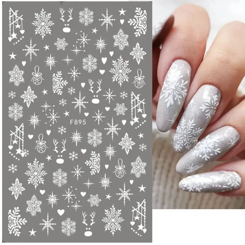 3D Snowflake Nail Art Decals White Christmas Designs Självhäftande klistermärken År Vintergelfolier Skjutreglage Dekorationer LAF895 240418