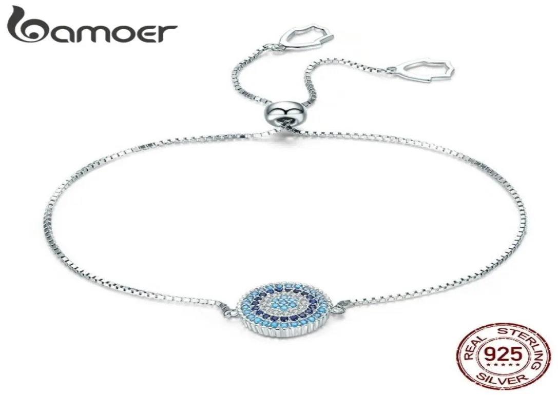 Bamoer 925 Sterling Silver Luxury Round Blue Lucky Eyes Power Bracelet Pave Pave CZ調整可能リンクチェーンブレスレットジュエリーSCB005 CX202060699