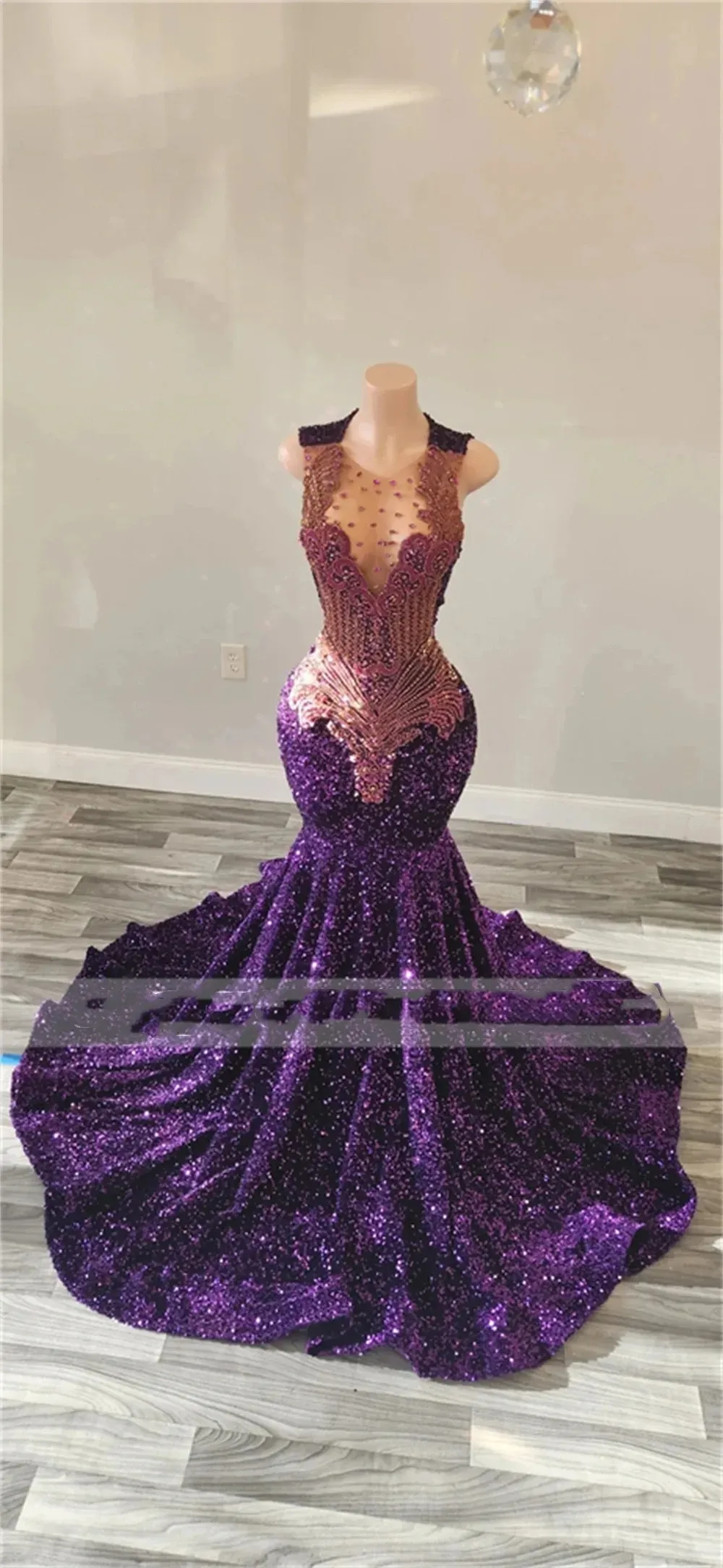 2024 Black Girls' Purple Beaded Crystal Purple sparkly prom dress with O-Neck and Sequined Details - Perfect for Birthday Parties and Evening Events ( 2024 Black Girls' Purple Beaded Crystal Purple sparkly prom dress with O-Neck and Sequined Details - Perfect for Birthday Parties and Evening Events (
