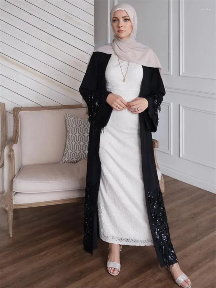 Etnik Giyim Siyah Pullu Açık Kimono Abaya Dubai Lüks 2024 İslam Müslüman Kaftan Mütevazı Elbise Kebaya Damen Robe Femme Musulmane