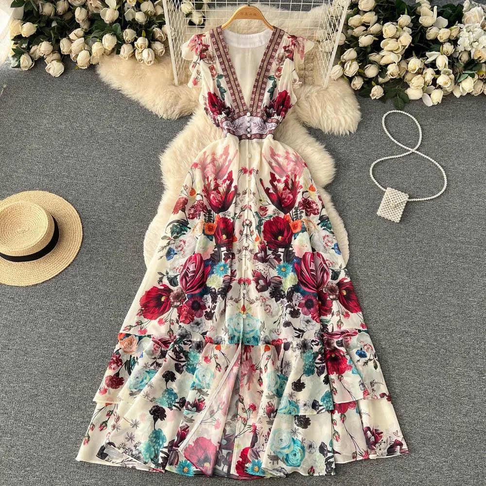 Summer Sweet Ethnic Style Retro Deep V Neck Wooden Ear Sleeveless Printed Dress Womens Cake Fairy Long