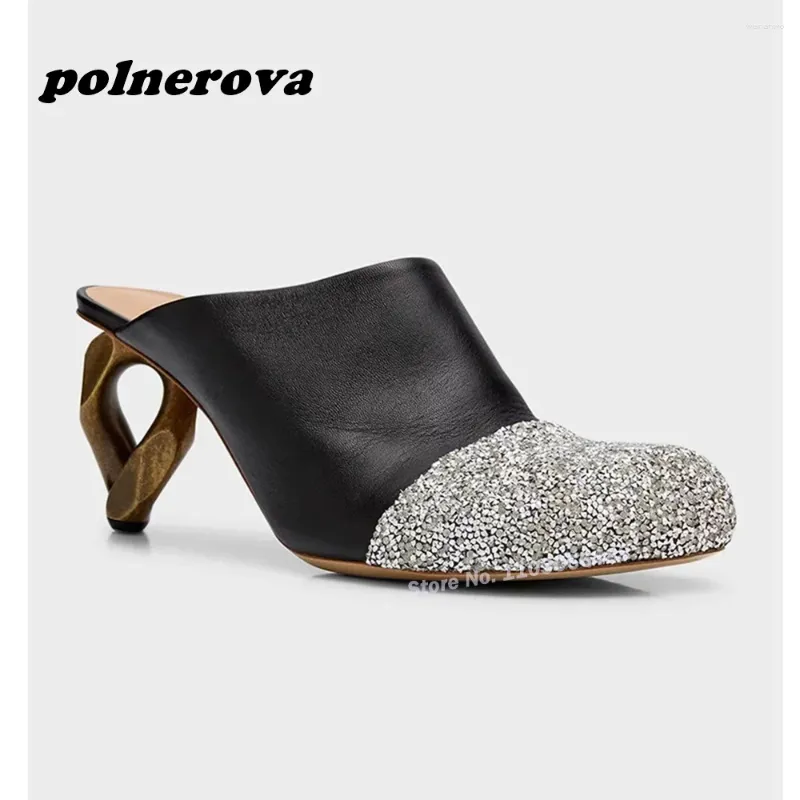 Slippers glitter Strange Style Round Teen Bling Leather Slip op muilezels zomerstaartrodeen metalen hakken grote maat 43 luxe schoenen