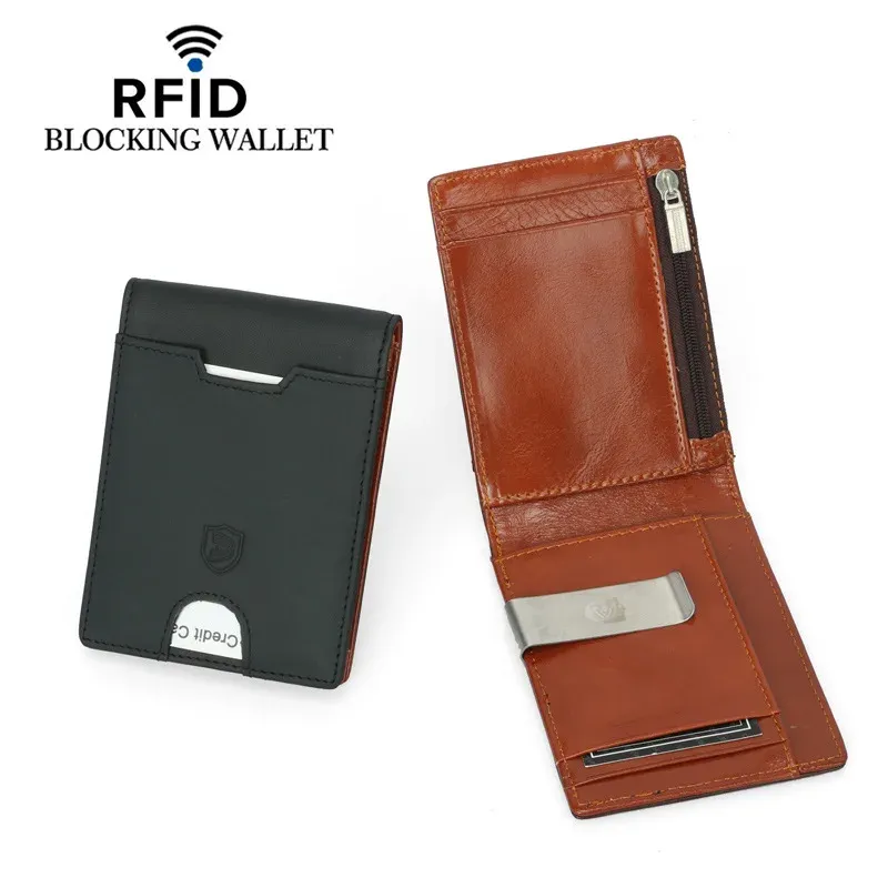 Clips Money Clip Wallet for Men Cow Leather Rfid Blocking Card Coins Holder Slim Thin Male Bank Note Wallets Small Short Bifold Purses