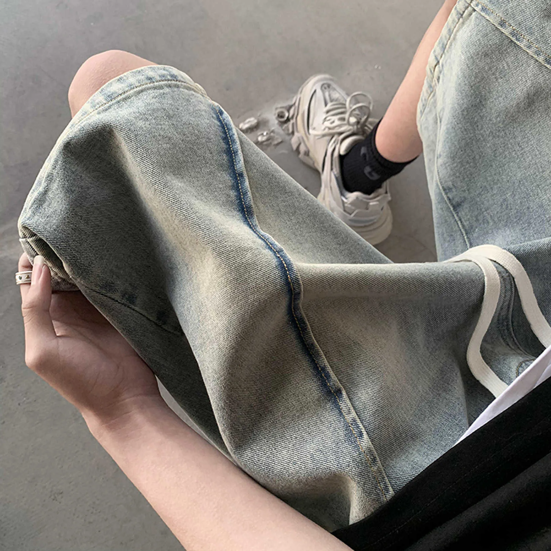 Джинсовые шорты Мужские летняя американская тенденция вымытая прямые брюки High Street Vibe Ruffled и красивые повседневные каприры