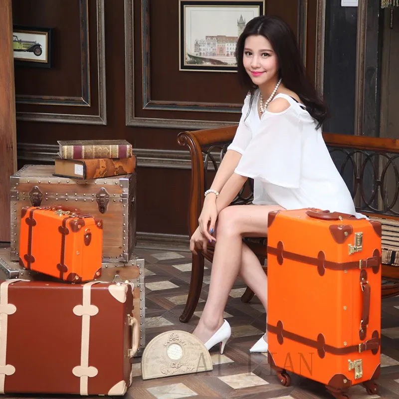 荷物ローリング荷物セット女性旅行スーツケースホイールパスPUレザートロリーケースレトロビンテージスーツケースセット荷物袋20''24インチ