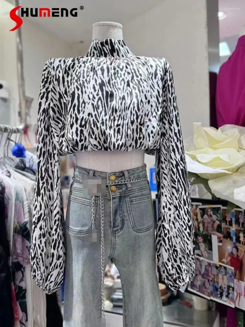여자 T 셔츠 봄 세련된 여성 기질 긴 소매 작은 셔츠 스탠드 고리 짧은 풀오버 표범 프린트 소녀 탑