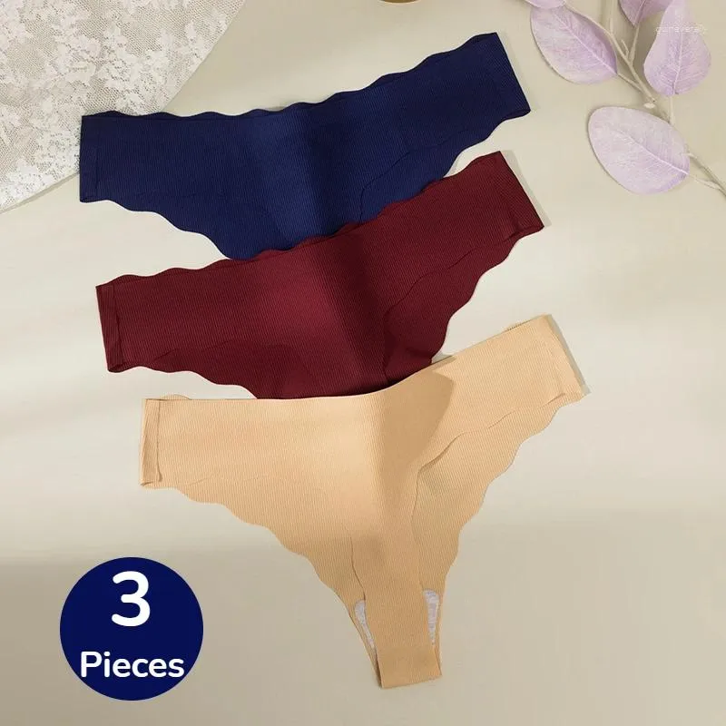 Damenhips Poblador 3pcs Set Seide Satin nahtloser Tanga Mode gestreifte Unterwäsche Sexy Dessous schöne wellige Kante G-Strings