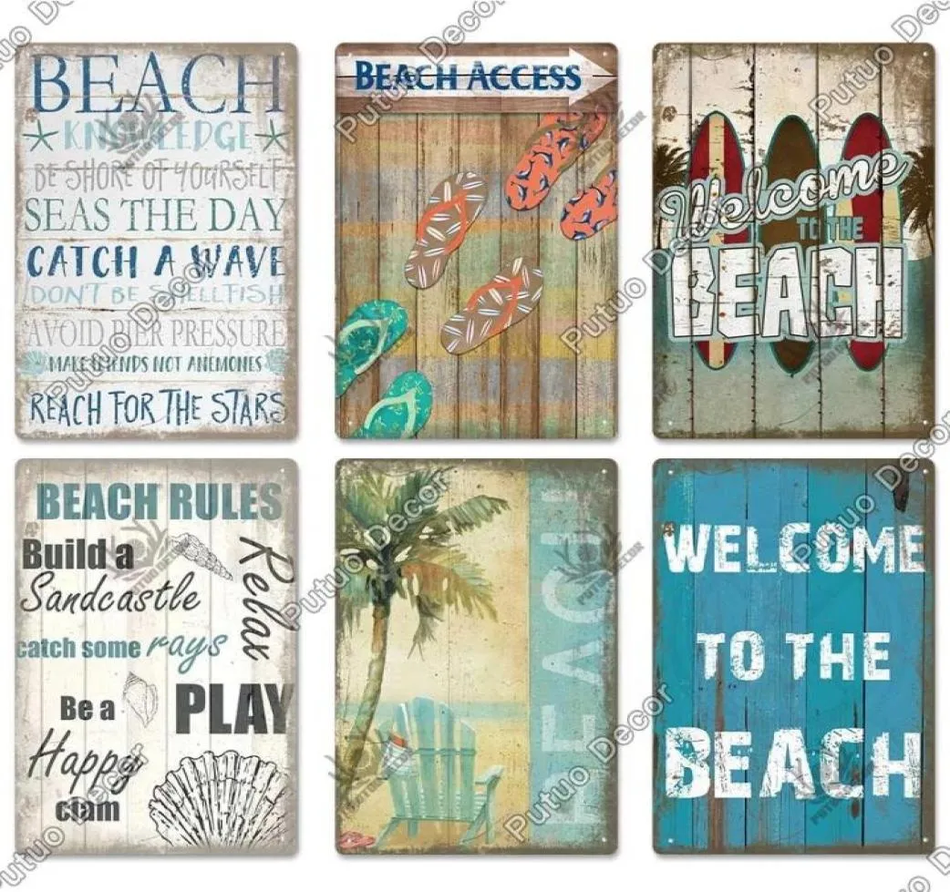 2022 Praia de lata de praia Pintura de placa de metal vintage Sinais de parede de verão decoração para casa à beira -mar Plate Decorativo Pub Bar Industrind3989213