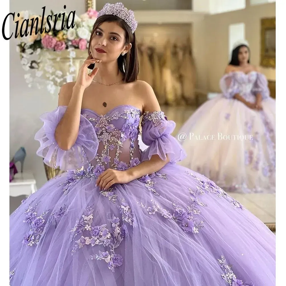 LILAC QUINCEANERA Robes Robe de bal pour filles douces 3D Fleurs vestidos de xv anos perles Robe de fête d'anniversaire